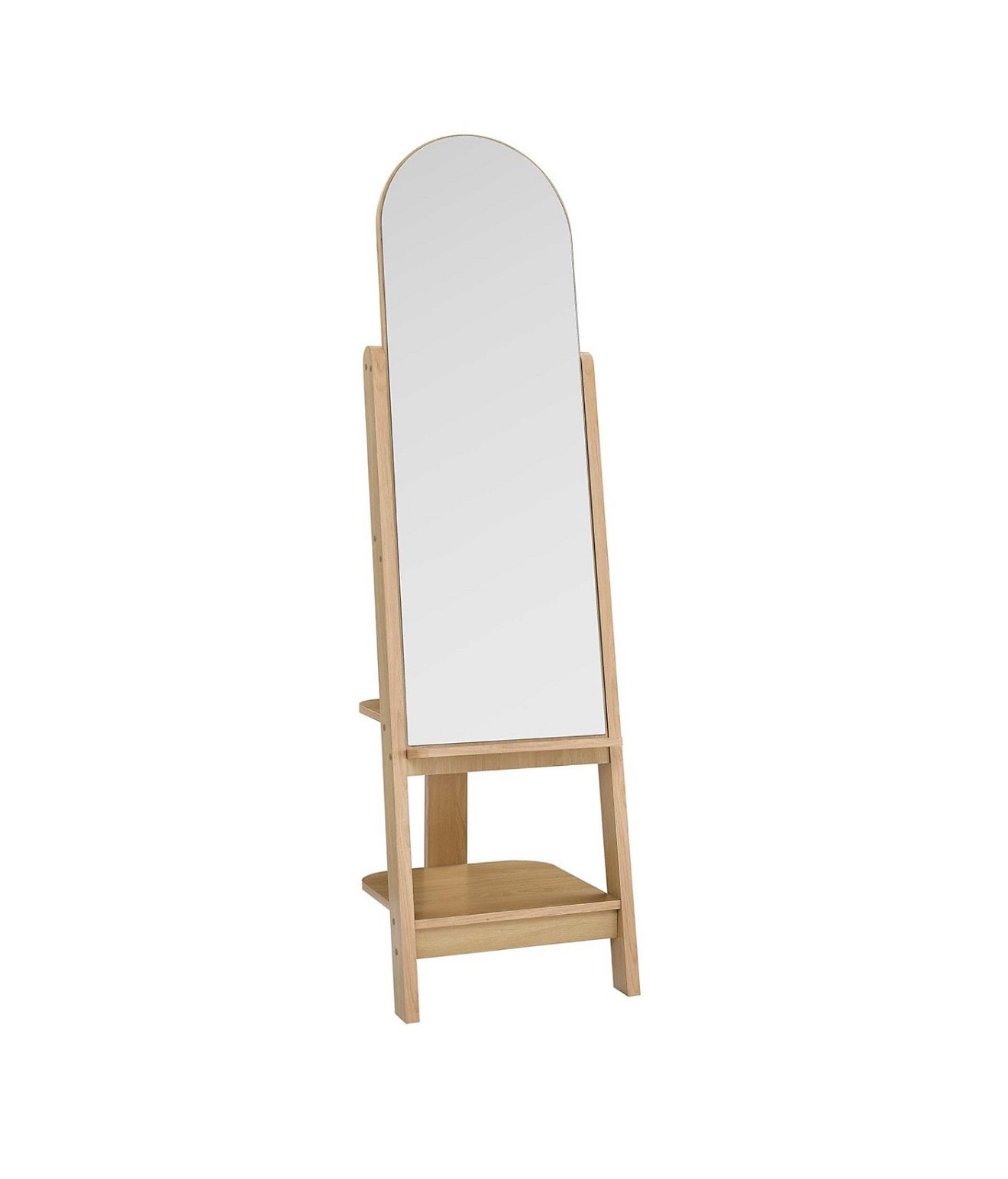 Brighten up any room with the Ascend Standing Mirror. Featuring a curved glass mirror with an arched shape, this easel mirror is crafted from a combination of mindi wood, MDF, and particleboard with a beautiful wood grain laminate.