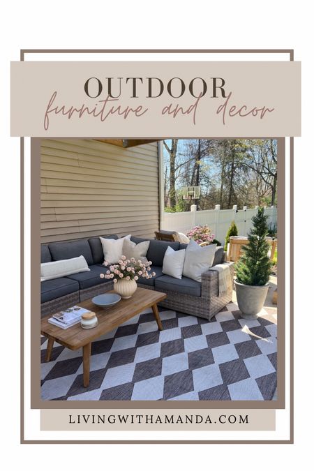 Outdoor patio furniture and decor
Outdoor sofa
Outdoor rug
Outdoor coffee table
Target lantern
Crate and barrel pillar candle

#LTKsalealert #LTKSeasonal #LTKhome