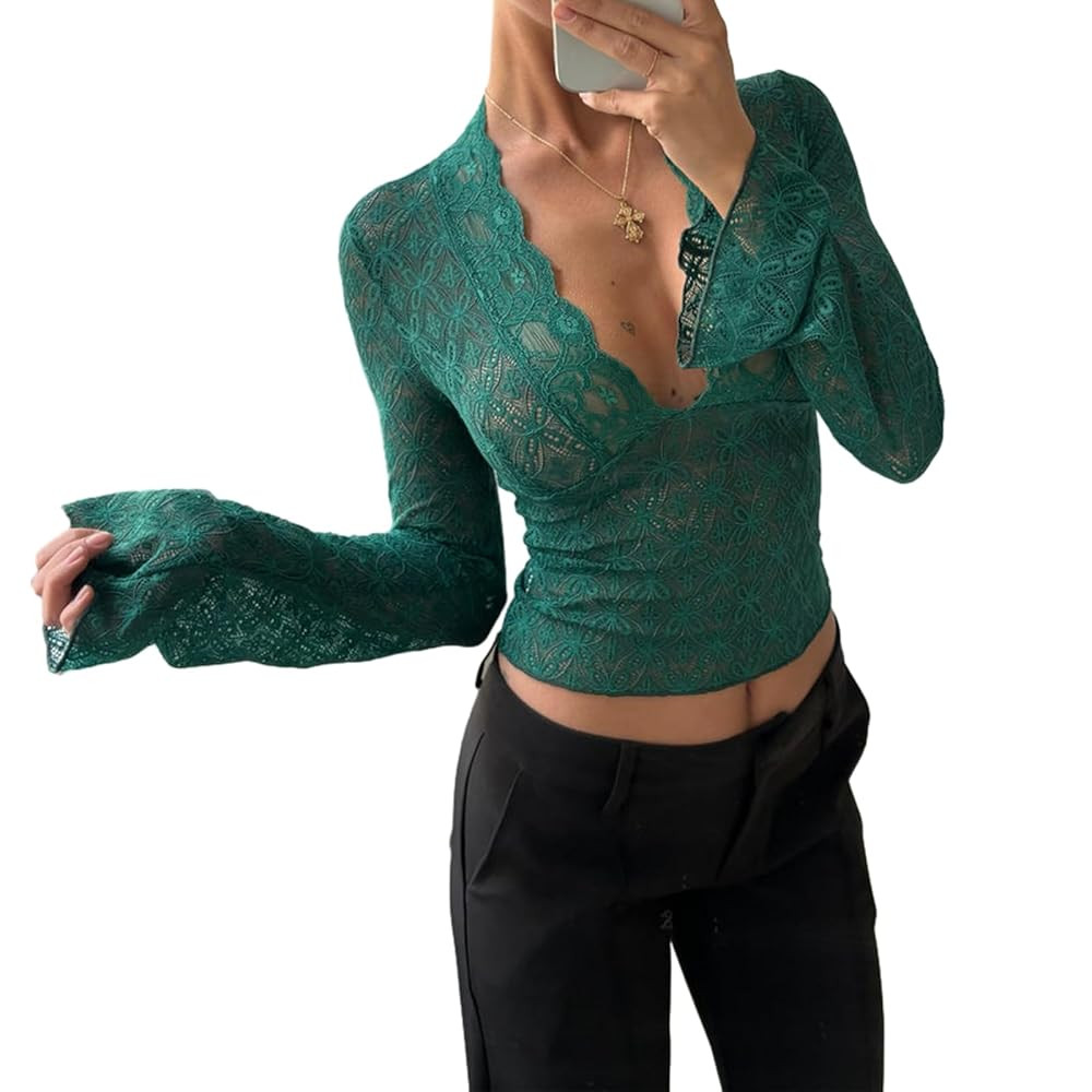 Women's Y2k Lace Top Sexy V-Neck Long Sleeve See Through Slim Fit T Shirts Floral Mesh Going Out ... | Amazon (UK)