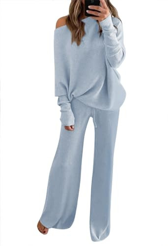 Fixmatti Women Off Shoulder Sweater Set 2 Pieces Knit Wide Leg Pants Sweatsuit Sets Light Blue M | Amazon (US)