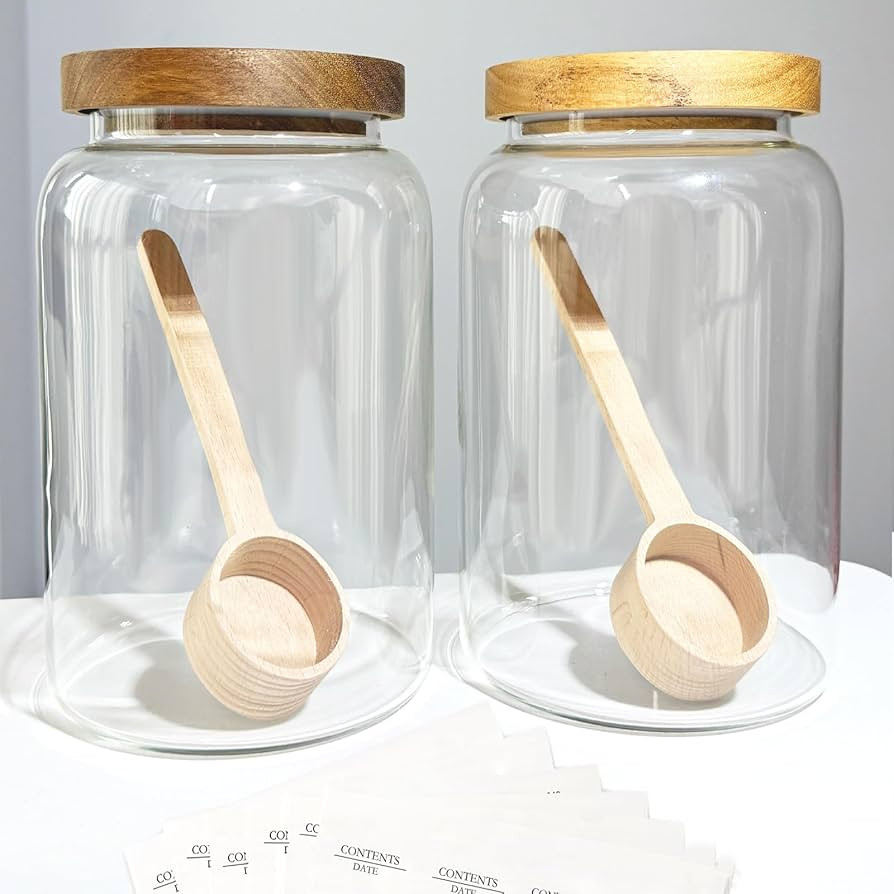 Glass Food Storage Jars with Wooden Lids, Flour Glass Jar with 2 Wood Measuring Spoon, Clear Thic... | Amazon (US)