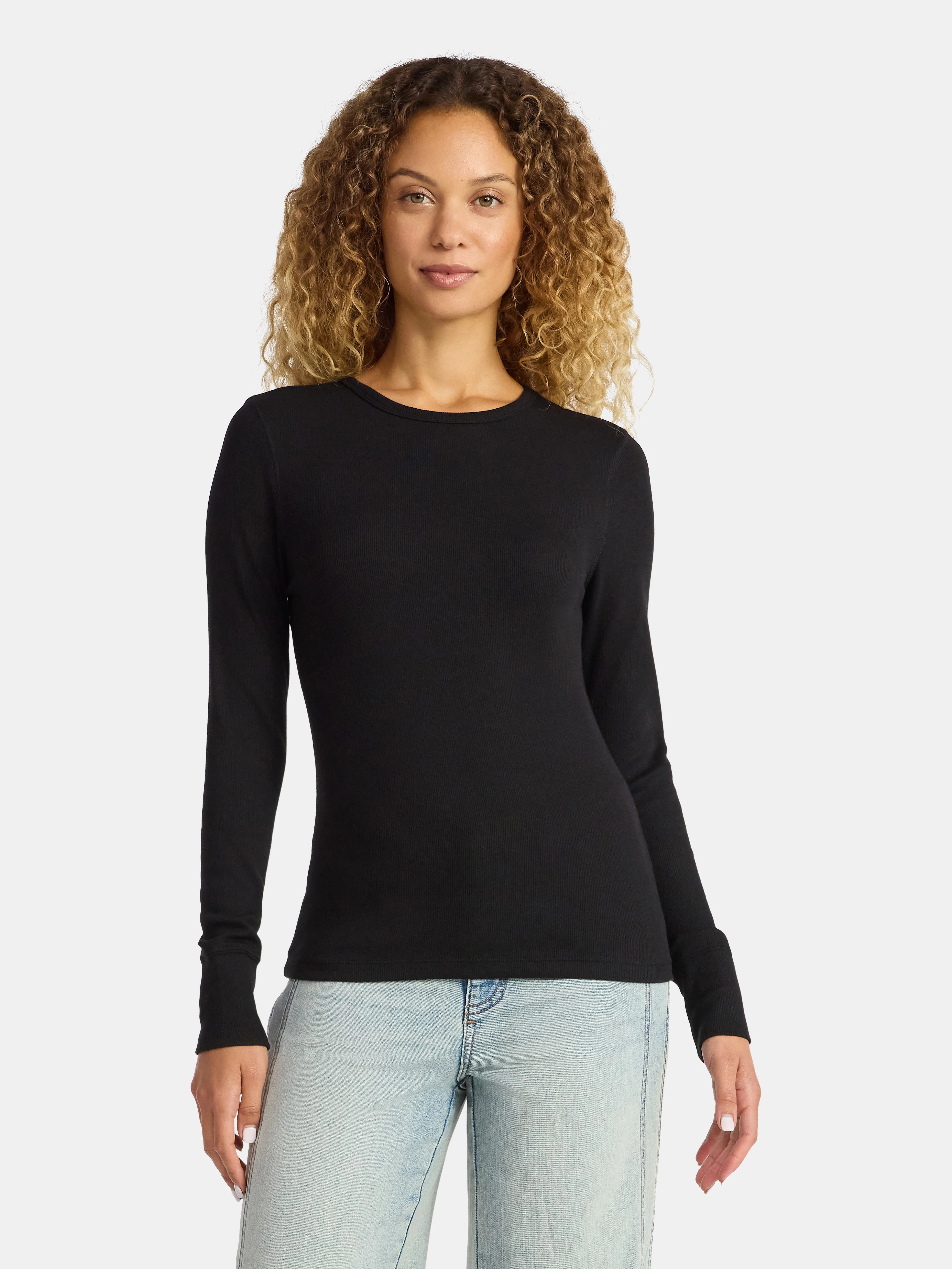 Time and Tru Women's Rib Tee with Long Sleeves, Size XS-XXXL | Walmart (US)