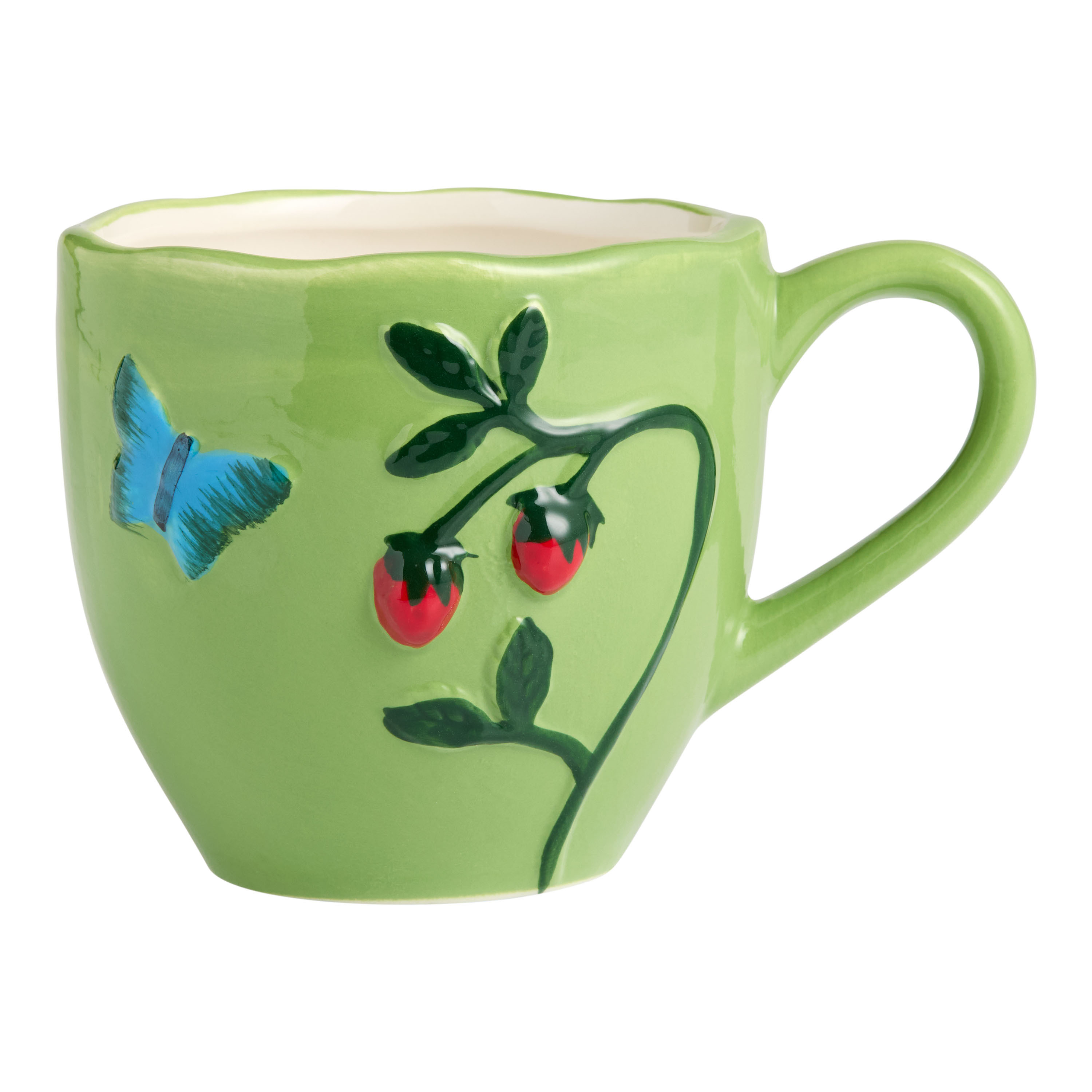 Green Butterfly and Strawberry Hand Painted Ceramic Mug | World Market