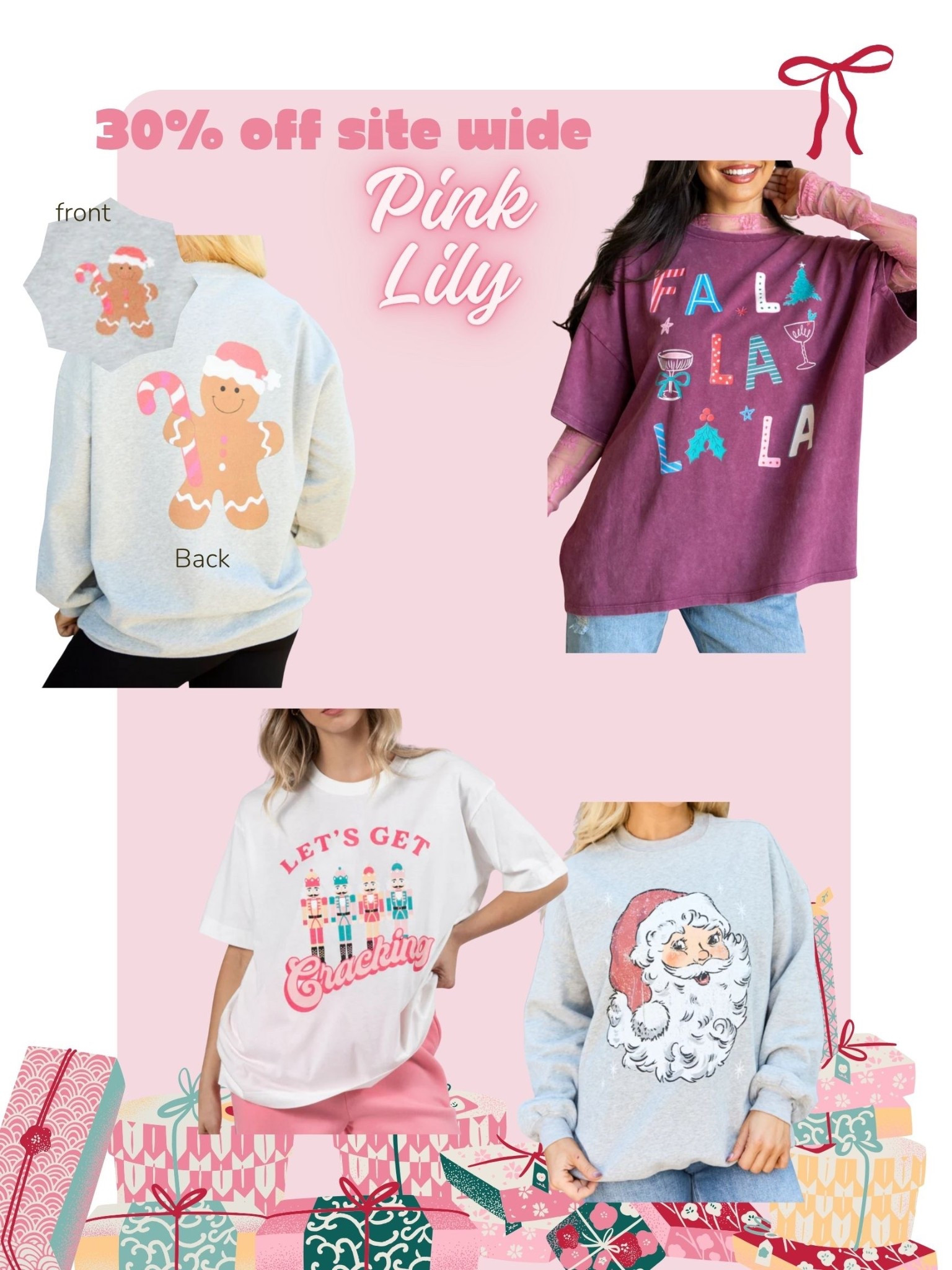 Pink lily has the cutest holiday sweatshirt & tees. 30%off store wide 

#LTKHoliday #LTKSeasonal #LTKSaleAlert