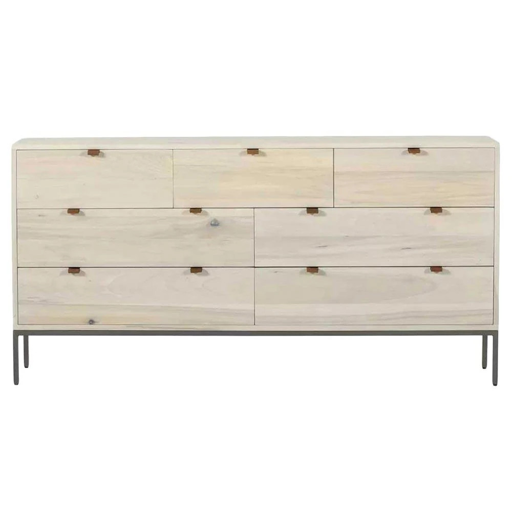 Theodore Industrial Loft Dove White Wood Leather Pulls Iron 7 Drawer Dresser | Kathy Kuo Home
