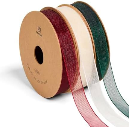 Vitalizart 3/8" x 30Yd Organza Ribbon Christmas Sheer Ribbons Set 10 Yd x 3 Rolls Red Green White... | Amazon (US)