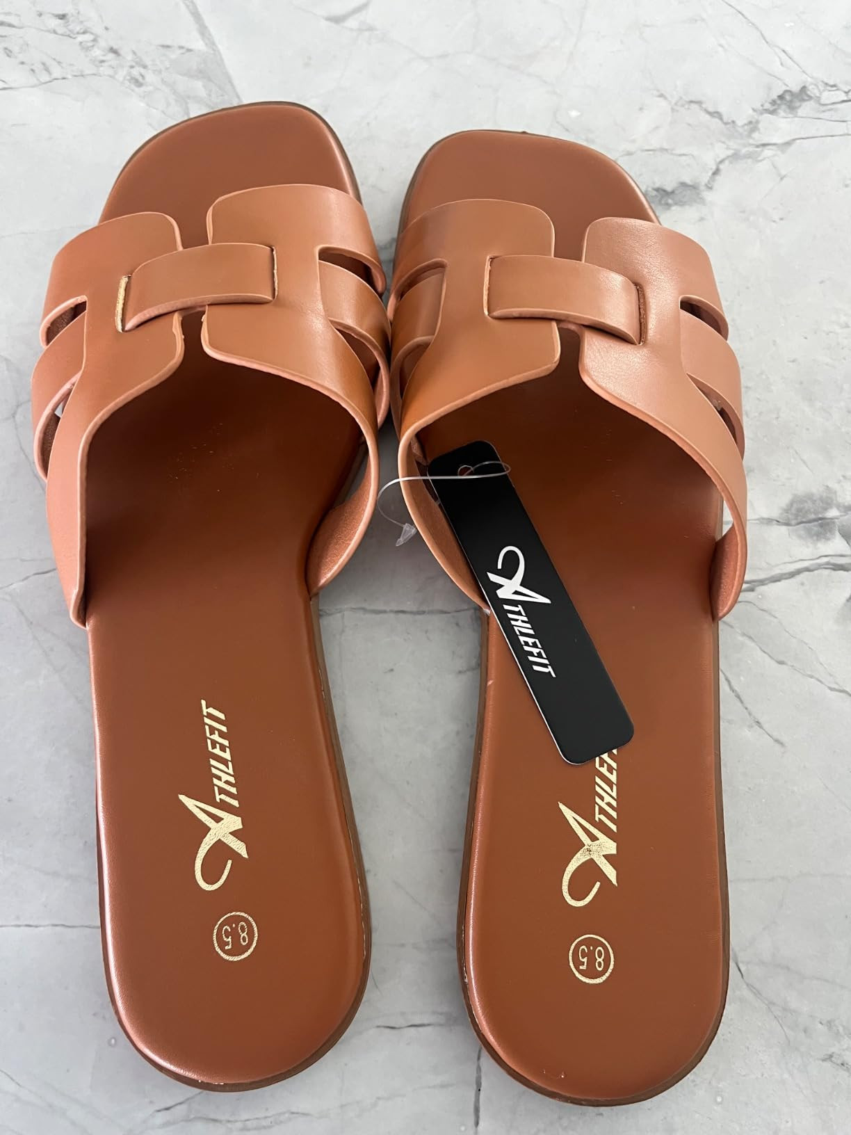 Athlefit Women's Flat Sandals Dressy Summer Square Open Toe Slip On Leather Slide Sandals | Amazon (US)