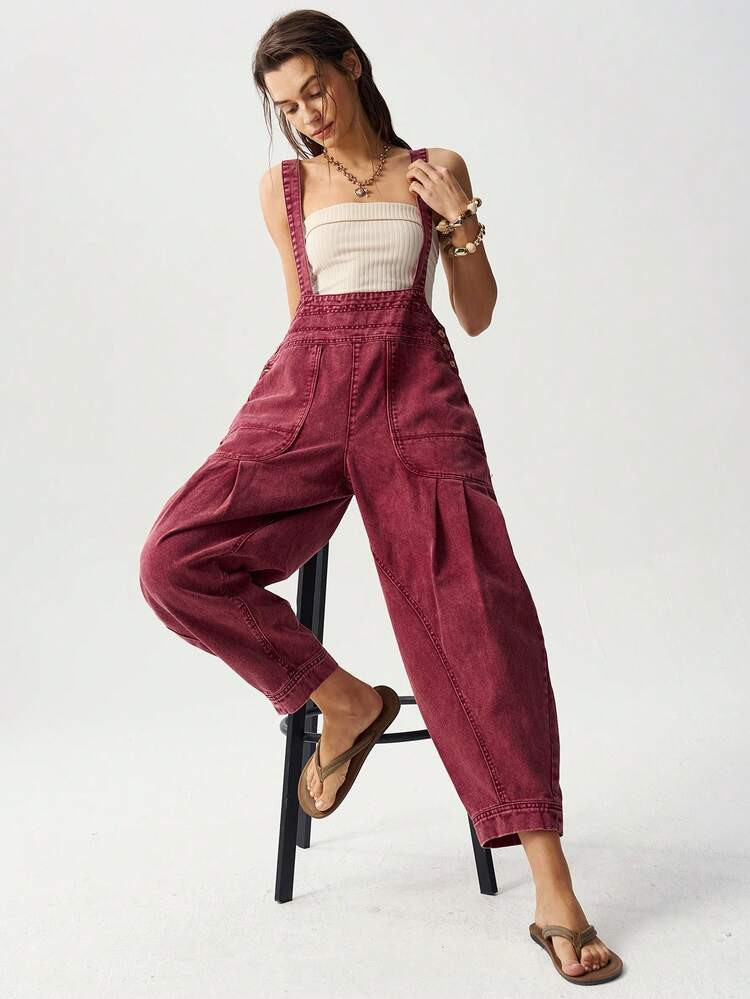 Bohemela Women's Pleated Casual Retro Vintage 70s Versatile Daily Wear Bib Overall Jumpsuit Vacat... | SHEIN