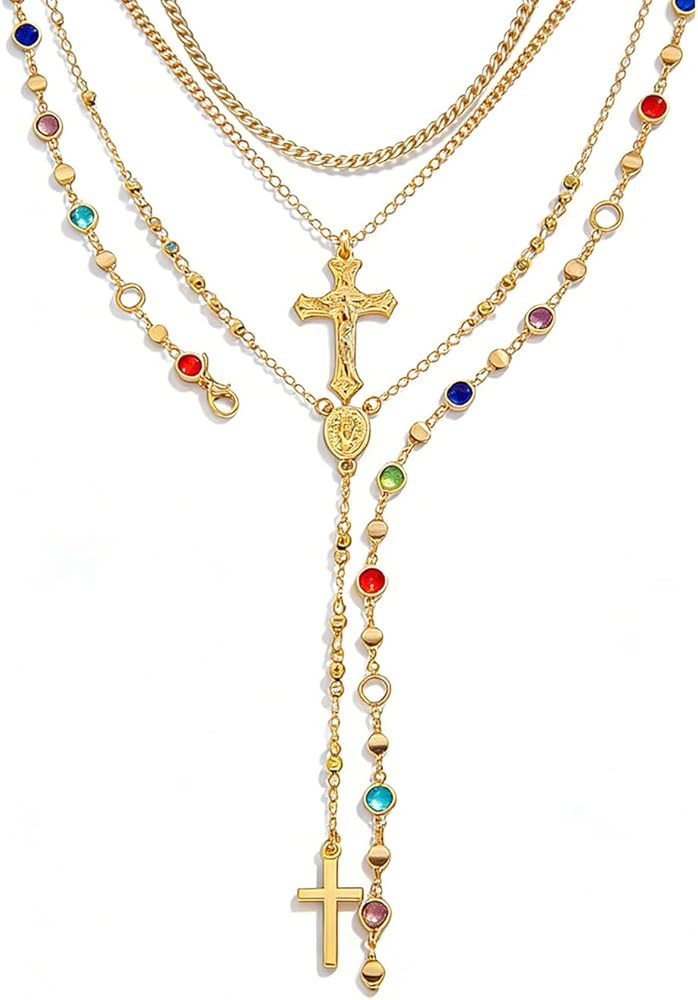 Gold Color Cross Pendant Necklace Set for Women,Dainty Big Crystal Cross Imitation pearl Layered ... | Amazon (US)