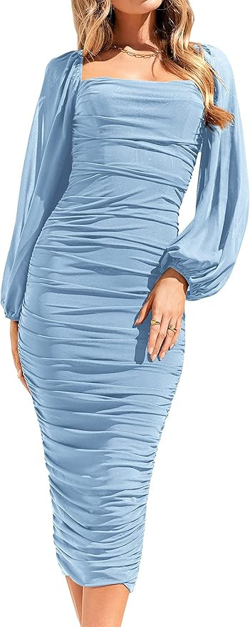 MASCOMODA Womens Sexy Ruched Midi Bodycon Dress Mesh Long Sleeve Fitted Cocktail Party Wedding Gu... | Amazon (US)