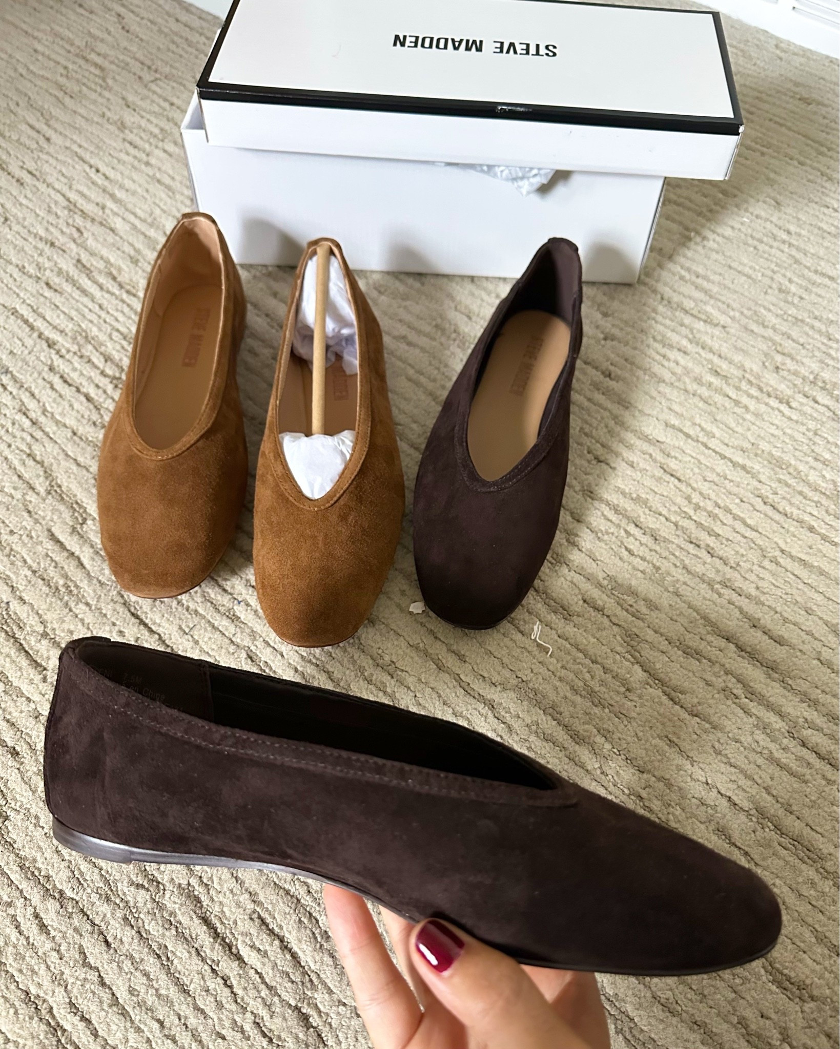 Brown suede ballet flats for fall! 🍂
Deciding if I want the lighter or darker brown, both are very cute and fit tts/snug, they are real suede so will stretch a little but I might size up 1/2 size.
Linked at several retailers plus also found a few similar pairs that also have a higher vamp and this almost v shape opening that is tending now.

#LTKcanada #LTKfall #LTKshoes