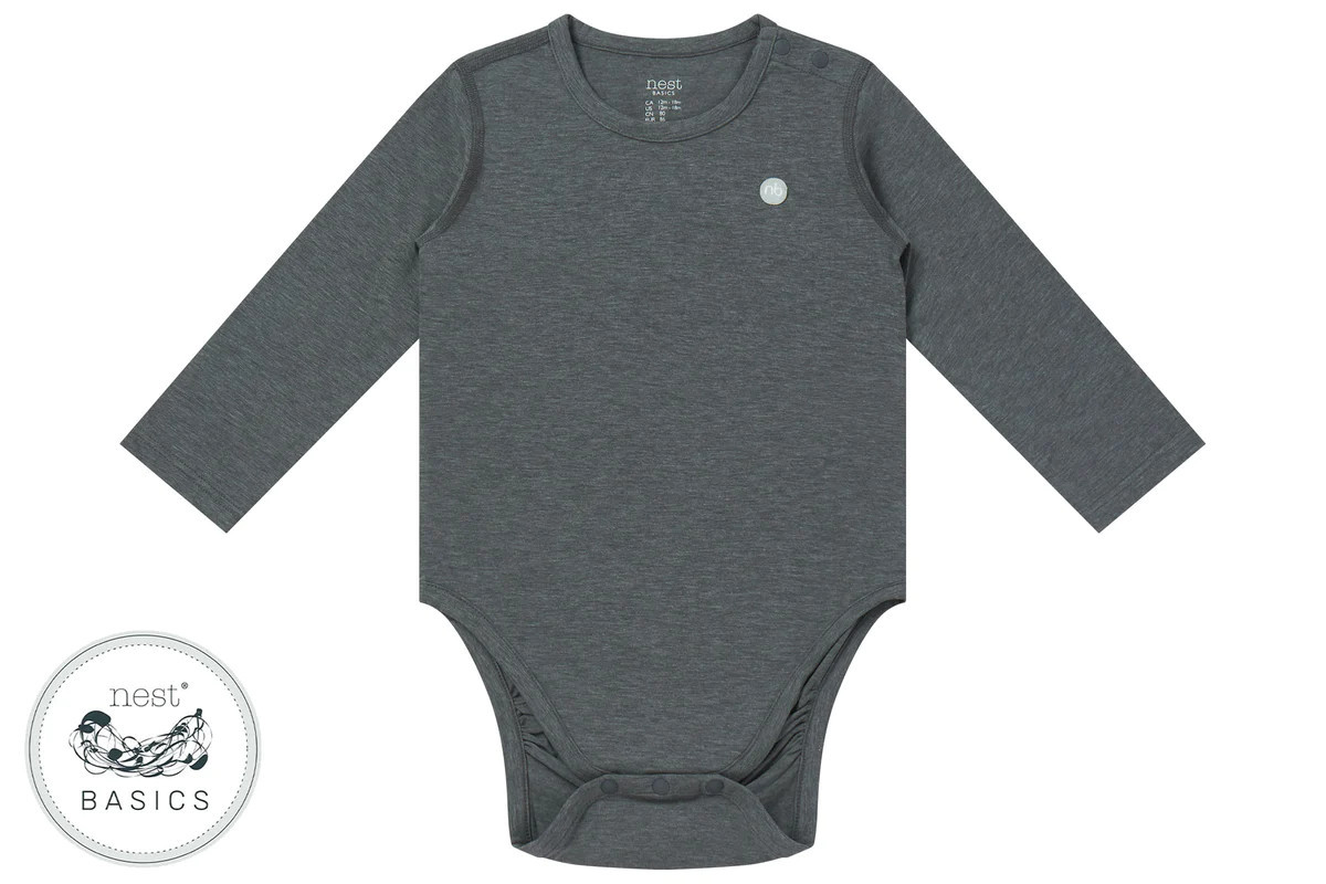 Basics Bamboo Cotton Long Sleeve Onesie - Charcoal | Nest Designs