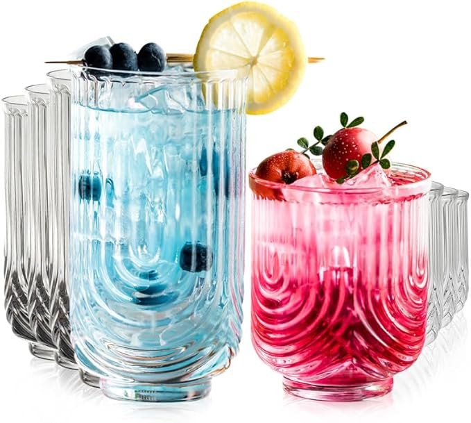 Art Deco Cocktail Glasses, Highball Glasses Set Of 8, Ribbed Glasses, Drinking Glasses Set, Uniqu... | Amazon (US)
