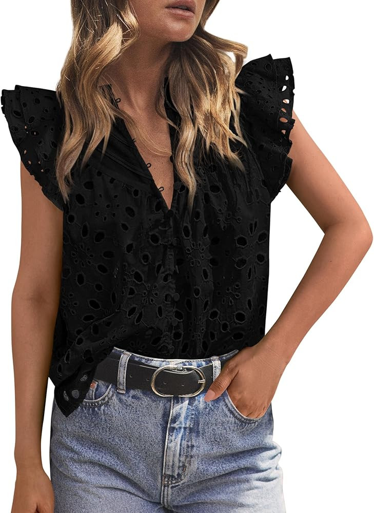 PRETTYGARDEN Womens Summer Tops 2025 Dressy Casual Ruffle Cap Sleeve Button V Neck Embroidered Ey... | Amazon (US)