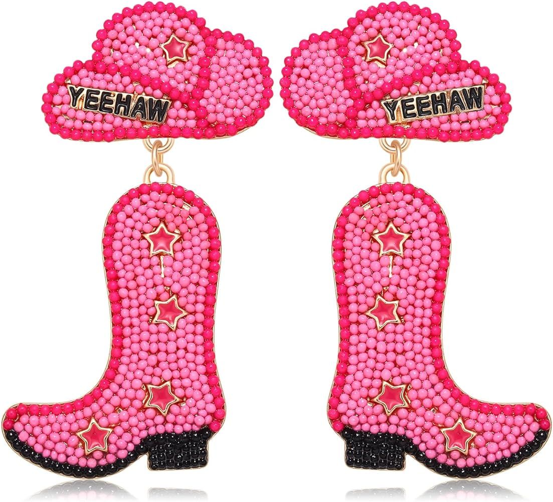 Western Cowgirls Earrings Cute Disco Cowgirl Boot Hat Dangle Earrings Handmade Seed Beaded YEEHAW... | Amazon (US)
