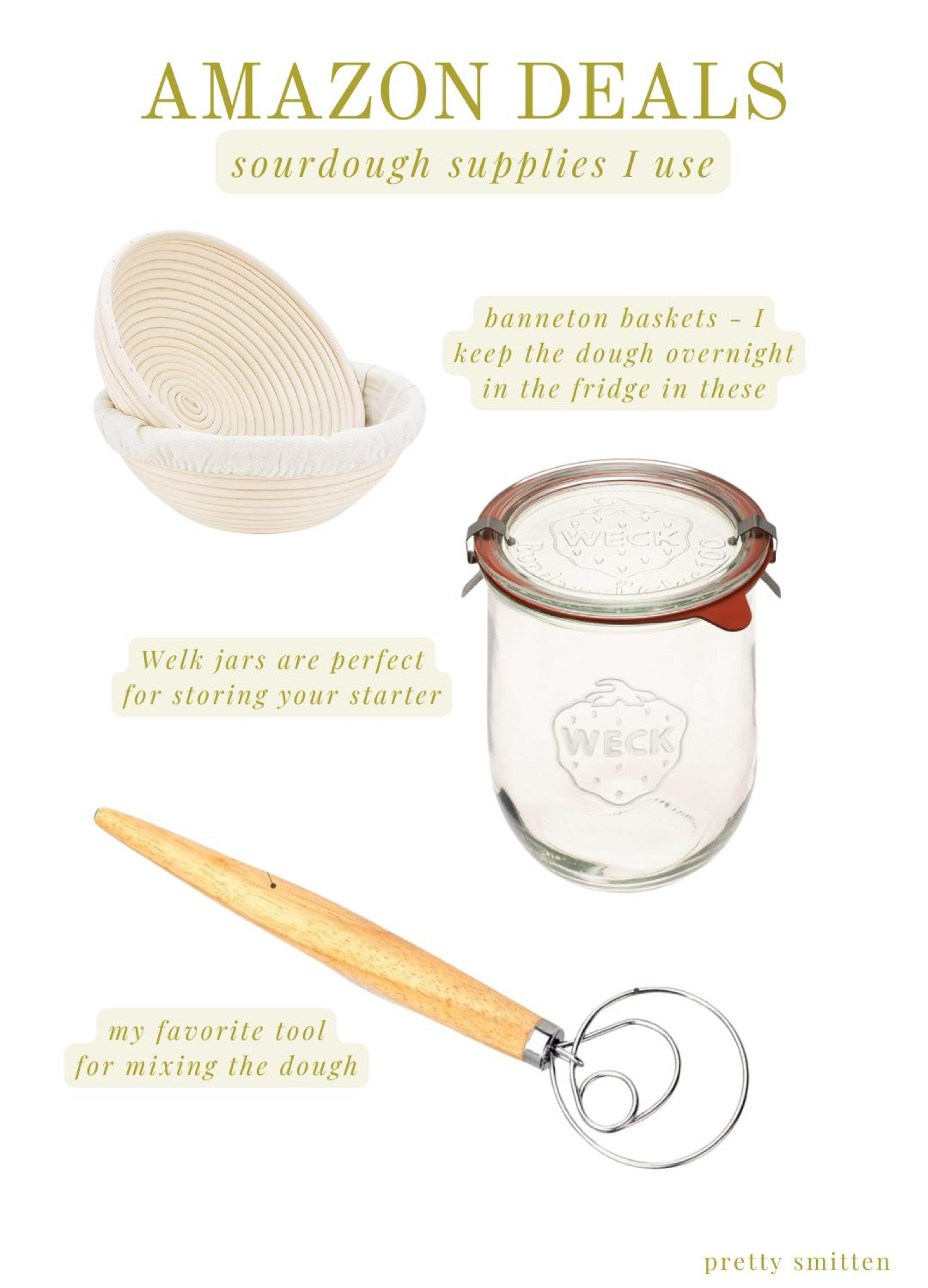 Sourdough supplies included in Amazon Prime Day! 
- I use these baskets to store the dough over night for the cold proof portion
- this is the exact size Welk jar I use to store my starter - holds a good amount but not too big, and it looks nice on my counter! 
- I love a danish dough whisk to mix the initial dough. I use this style for all types of baking! 
- also linking my favorite mixing bowls - not included in the sale but worth the price!

#sourdough #kitchenbasics 

#LTKHome #LTKxPrimeDay