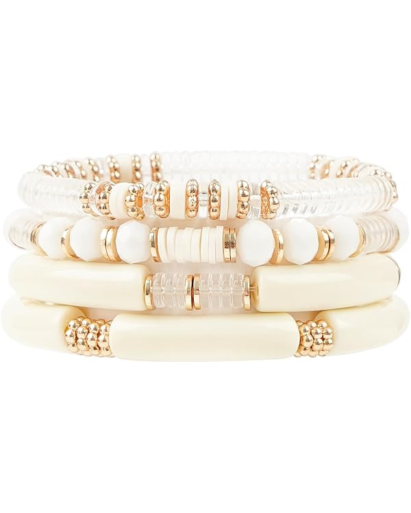 Gold Plated Beaded Acrylic Bamboo Tube Bangle Bracelets for Women, Colorful Chunky Curved Tube Wi... | Amazon (US)