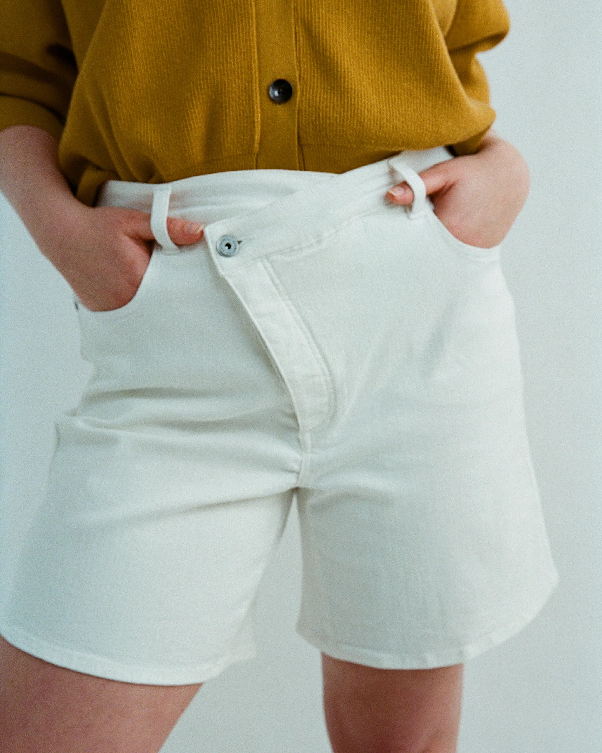 Katie High Rise Crossover Denim ShortsWhite | Universal Standard