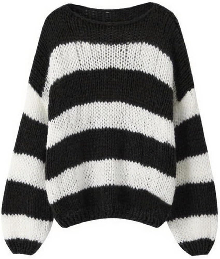 Oversized Sweaters for Women Color Block Striped Sweaters Y2K Crewneck Long Sleeve Knit Sweater | Amazon (US)