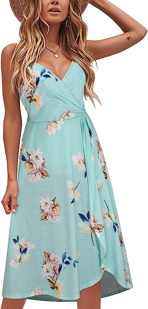 KILIG Women's Summer Dress V Neck Floral Twist Knot Pleated Spaghetti Strap Casual Sundress | Amazon (US)