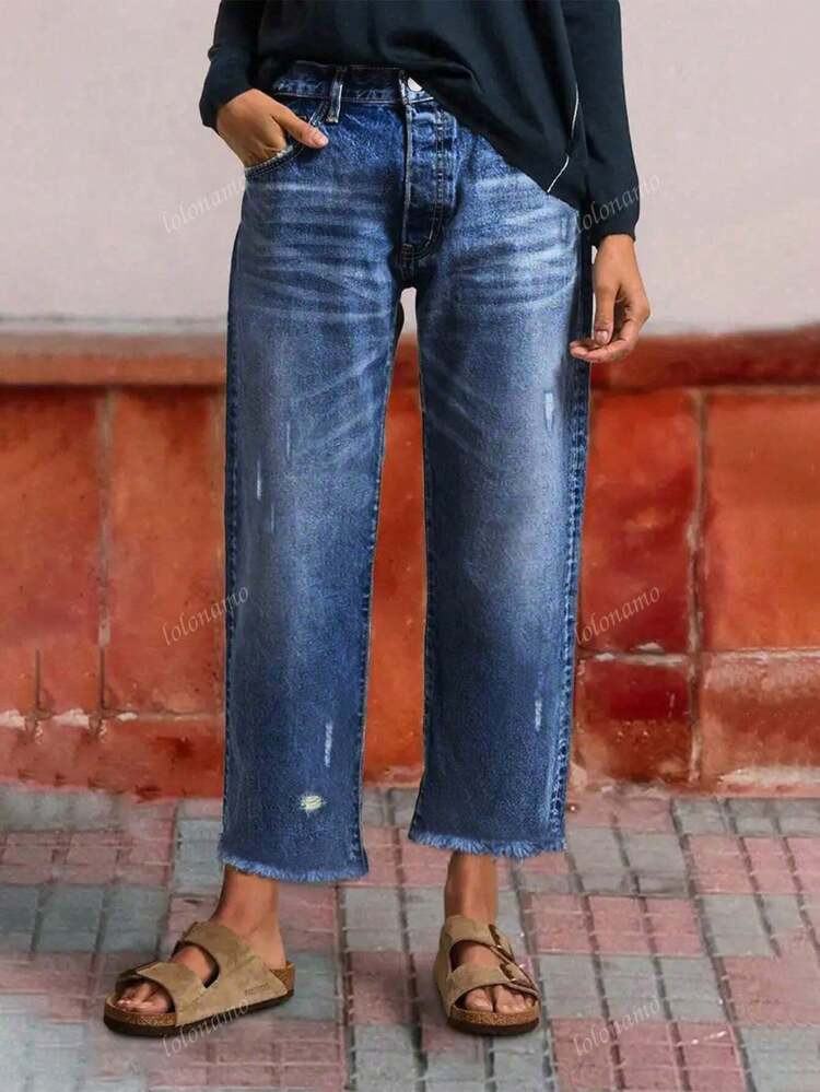 Comfortable Loose Fit Distressed Washed Blue Frayed Hem Straight Leg Jeans For Women, European An... | SHEIN