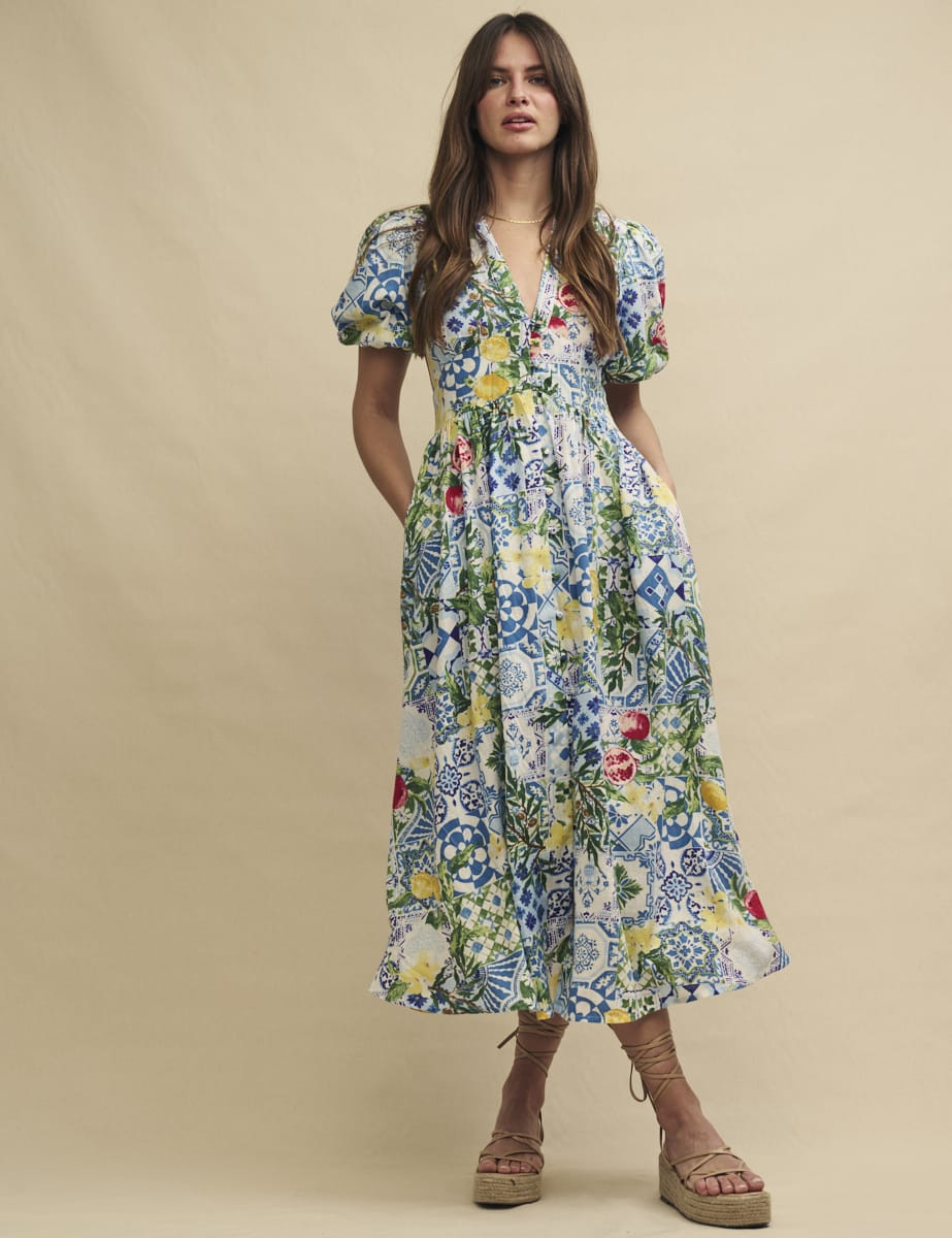 Petite Blue Floral Tile Print Linen-blend Starlight Midi Dress | Nobody's Child