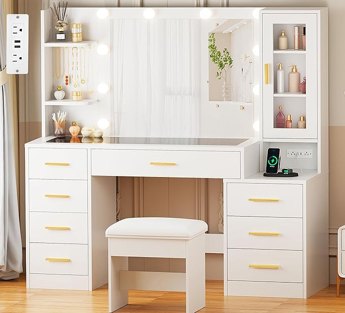 ANWBROAD 49.2" Large Vanity Desk with Mirror and Lights White Makeup Vanity Desk with Glass Top a... | Amazon (US)