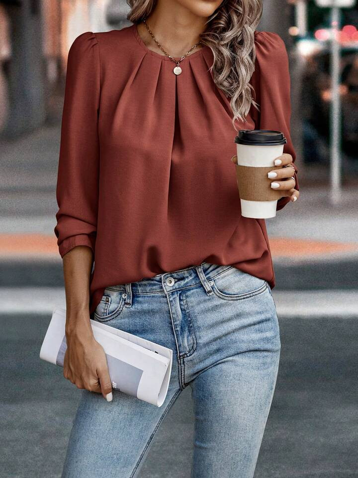 Solid Plicated Detail Puff Sleeve Blouse | SHEIN