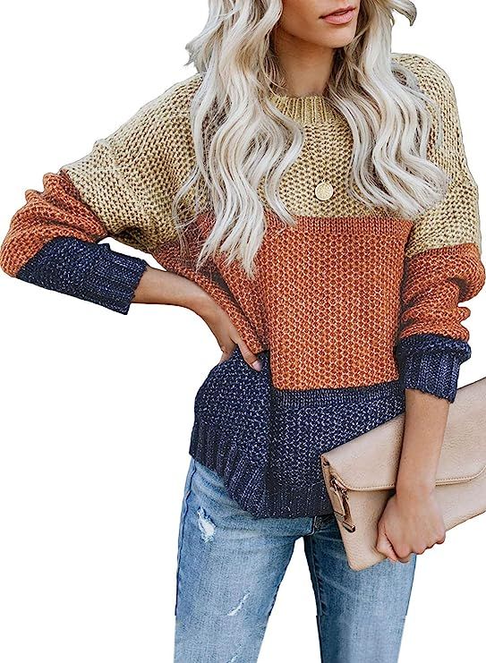 Tiksawon Womens Color Block Striped Oversized Crew Neck Sweaters Pullover Fashion Long Sleeve Loo... | Amazon (US)