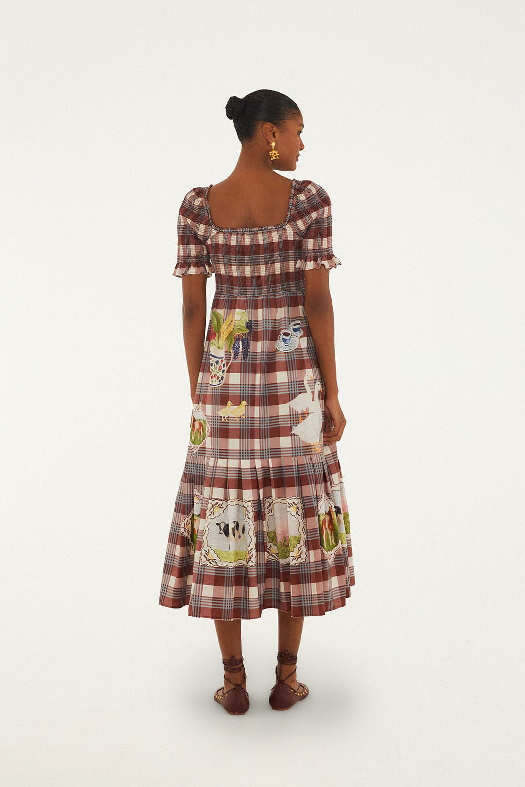Brown Country Table Tartan Smocked Maxi Dress | FARM Rio | FarmRio (US)