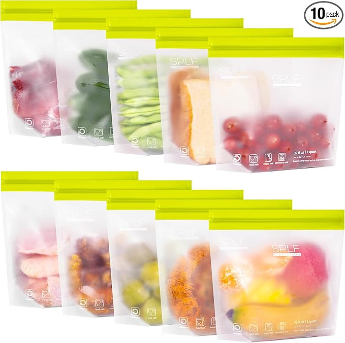 SPLF 10 Pack Stand-Up Reusable Quart Freezer Bags Dishwasher Safe, Extra Thick Leakproof 1 Quart ... | Amazon (US)