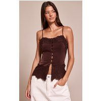 Chocolate Satin Button Up Lace Detail Cami Top | PrettyLittleThing US