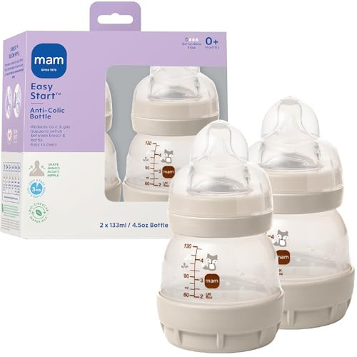 MAM 4.5oz Easy Start Anti-Colic Wide Neck Vented Baby Bottle, Extra Slow Flow Breastfeeding-Like Silicone Nipple, Reduces Colic, Gas & Reflux, Easy to Clean, BPA Free, 0+ Months, Made in Europe | Amazon (US)