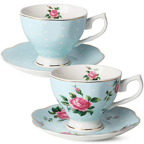BTaT- Floral Tea Cups and Saucers, Set of 2, 8oz, with Gold Trim, Coffee Cups, Floral Tea Cup Set, British Tea Cups, Porcelain Tea Set, Tea Sets for Women | Amazon (US)