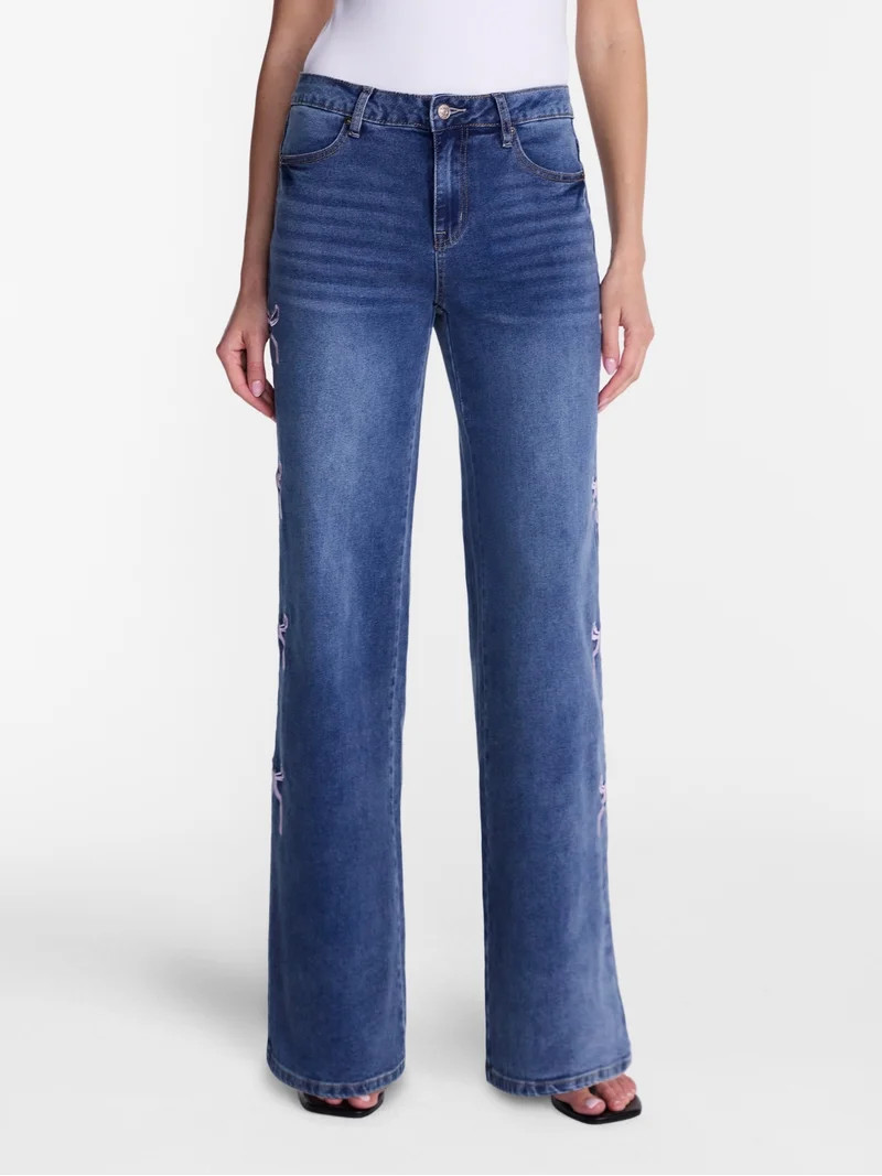 Madden NYC Women\u2019s Ultra 90's Jeans with Bow Embroidery, 32'' Inseam, Sizes 00-18 | Walmart (US)