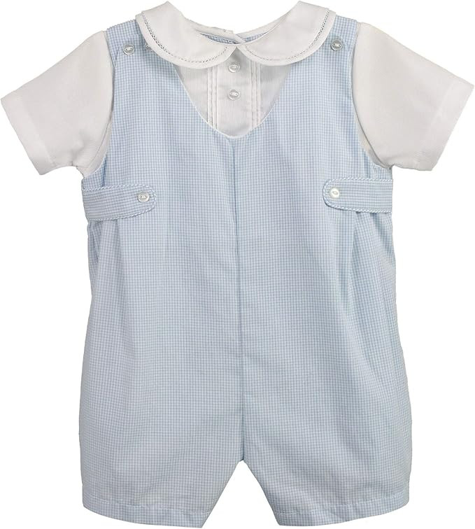 Petit Ami Baby Boys' Side Tab Pintuck Gingham Romper, Blue | Amazon (US)