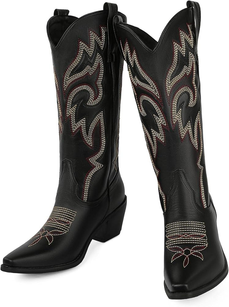 heelchic Womens Embroidered Cowboy Cowgirl Boots Snip Toe Chunky Heel Western Boots Pull On Mid C... | Amazon (US)