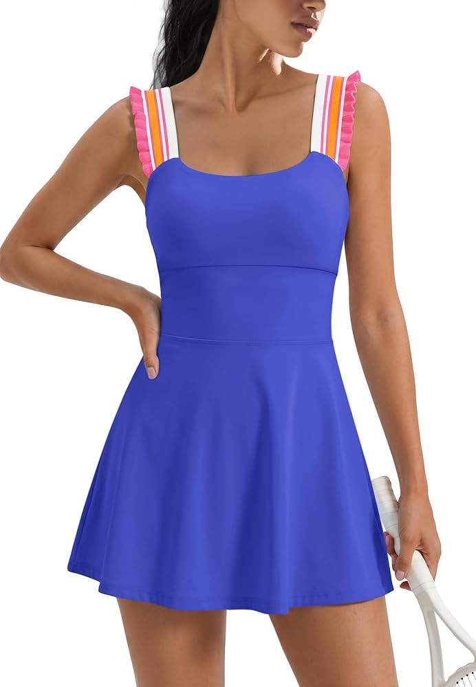 LAMISSCHE Womens Athletic Dress with Shorts Workout Romper Dress Striped Ruffle Golf Tennis Dress... | Amazon (US)