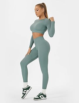 Buttergene Women Workout Sets 2 Pieces Long Sleeve Yoga Outfits Gym Clothes Seamless Ribbed Crop ... | Amazon (US)