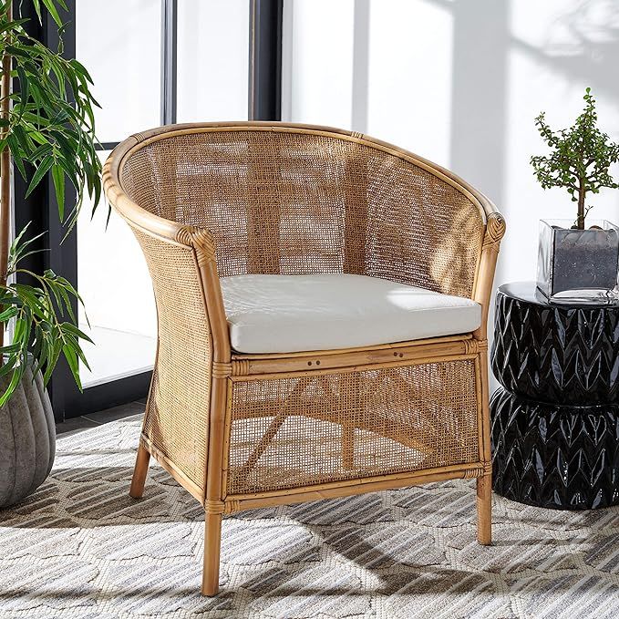 Safavieh Home Collection Jessica Honey Brown Wash Rattan White Cushion Accent Chair | Amazon (US)
