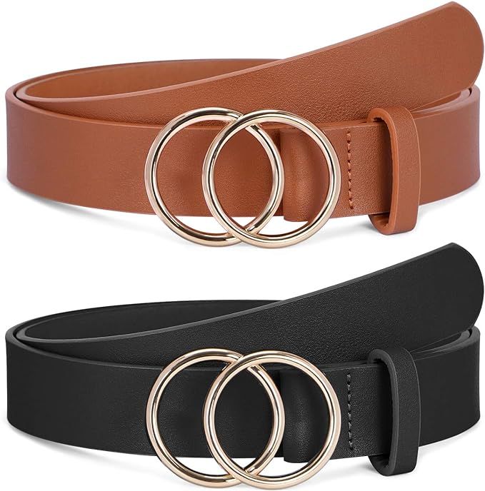 2 Pack Women Leather Belts Faux Leather Jeans Belt with Double O-Ring Buckle Size up to 53 inch | Amazon (US)