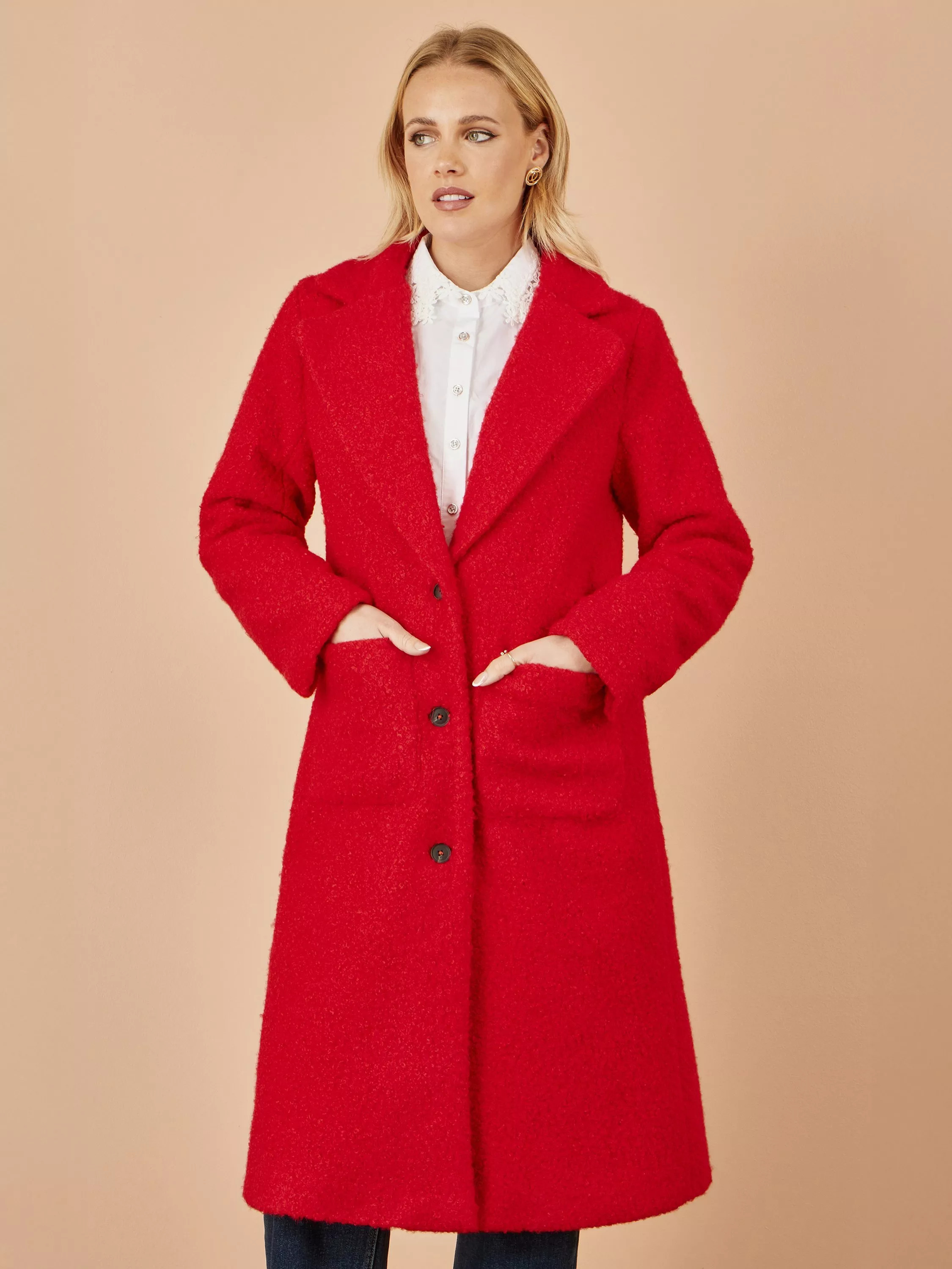 Yumi Long Boucle Teddy Coat, Red | John Lewis (UK)