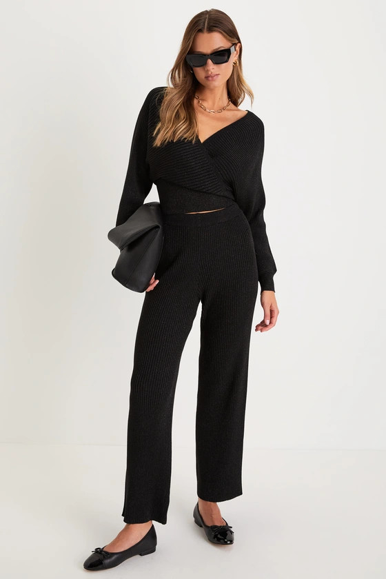 Luxe Weekend Black High-Rise Ribbed Wide-Leg Sweater Pants | Lulus (US)