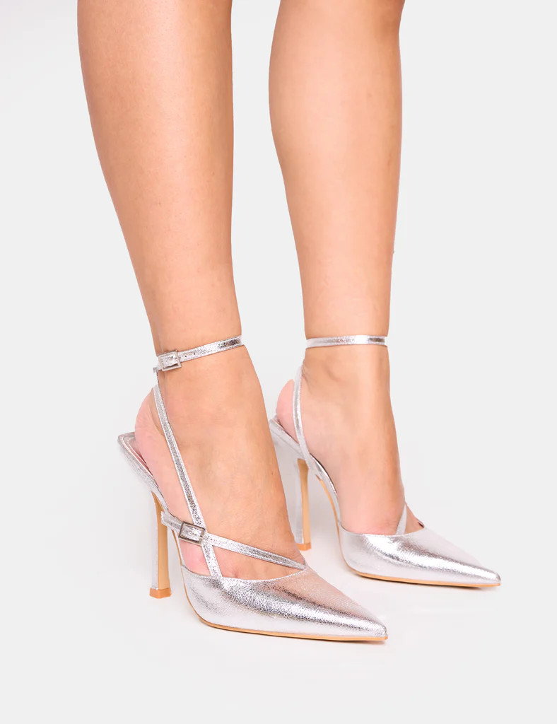 Idol Cracked Silver Buckle Strappy Detail Stiletto Court High Heels | Public Desire