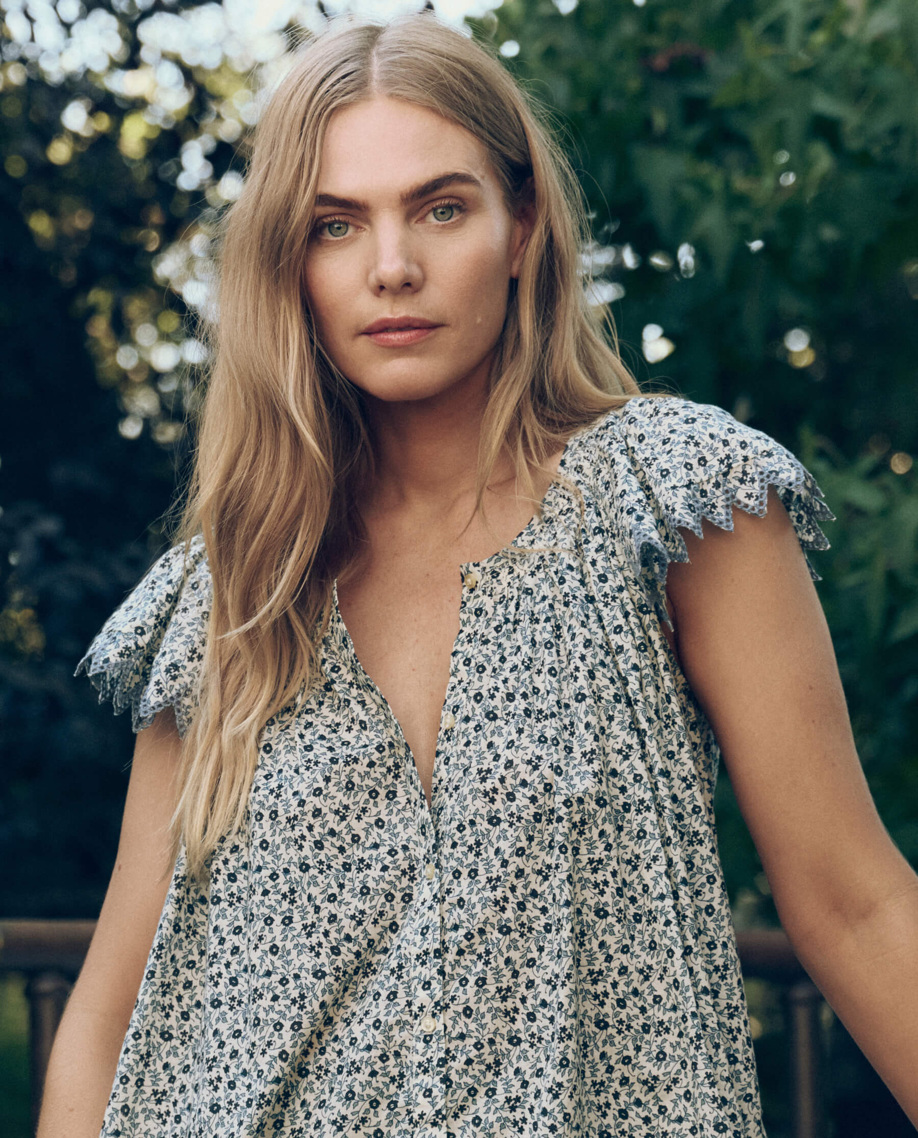 The Flutter Sleeve Eyelet Top. -- Bluebell Ditsy | THE GREAT.