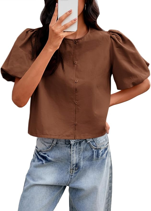 Tankaneo Womens Cropped Tops Puff Sleeve Button Down Shirts Trendy Casual Loose Fit Cute Blouse | Amazon (US)