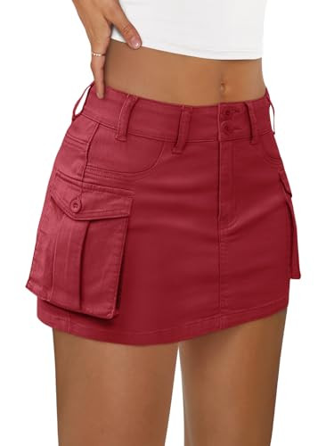 LILLUSORY Women Mini Skirt Skort Denim Jean 2026 Spring Summer y2k Cute Clothes Going Out Club Concert Outfit Western Cowgirls Trendy Fashion Sexy Short Teen Girls Cargo Red L | Amazon (US)