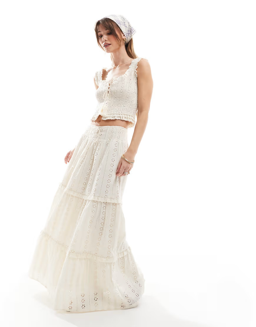 The Frolic exclusive broderie shirred waist tiered maxi skirt co-ord in cream-White | ASOS (Global)