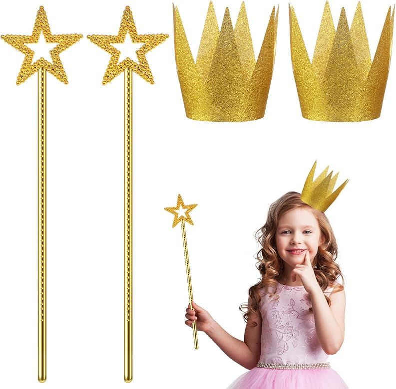 2 Pcs 13 Inches Star Wand with 2 Pcs Gold Birthday Crown Hats, Gold Crown Paper Crowns Angel Fair... | Amazon (US)