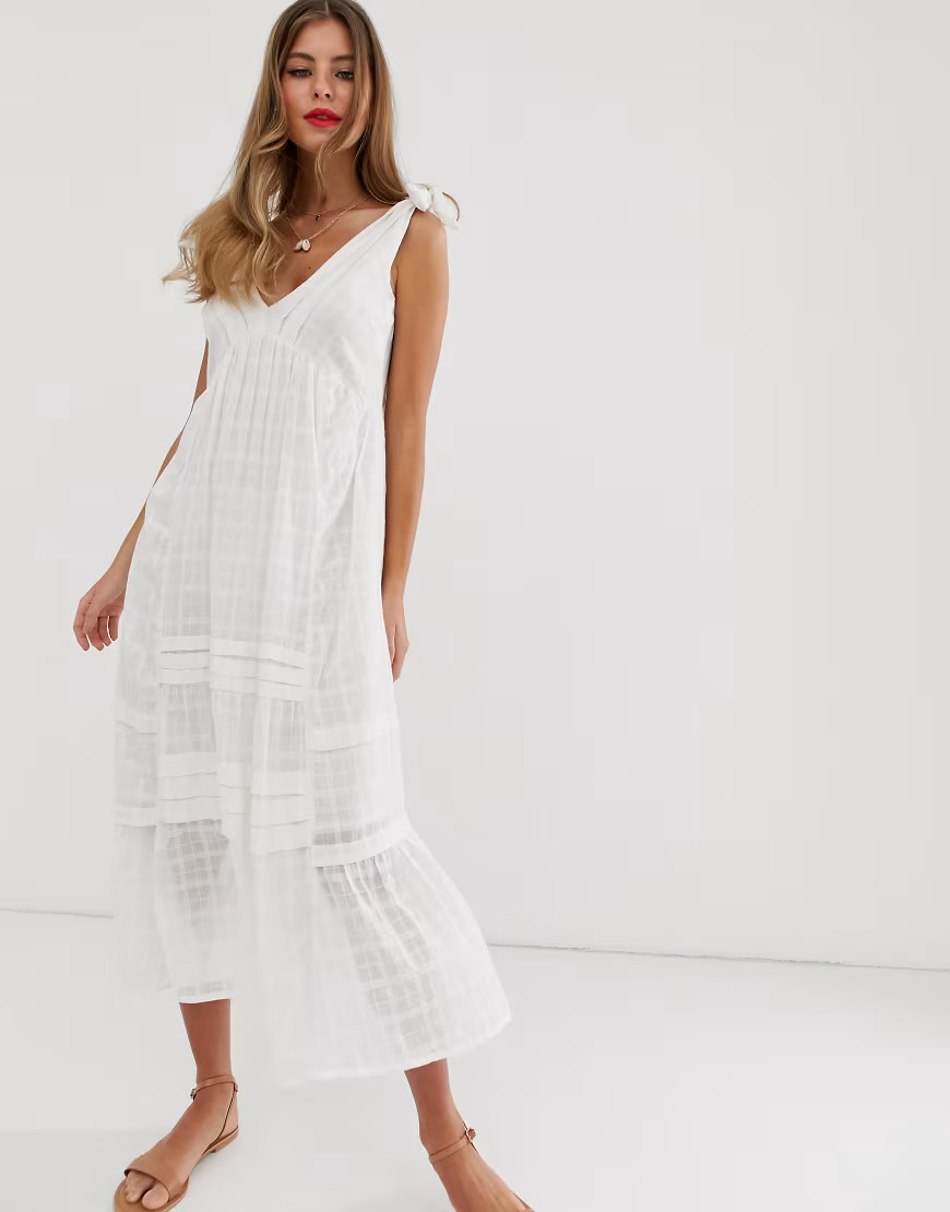 ASOS DESIGN plunge midi sundress in grid texture-White | ASOS (Global)